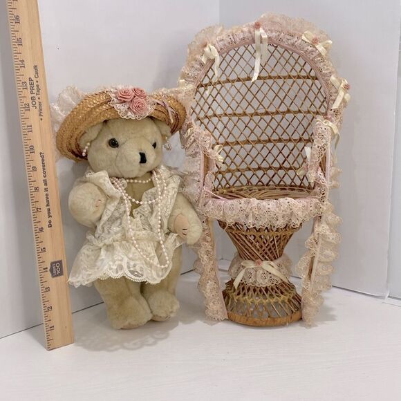 Vintage Victorian Style Teddy Bear in Lace Outfit Sitting In Wicker Chair - Picture 8 of 9